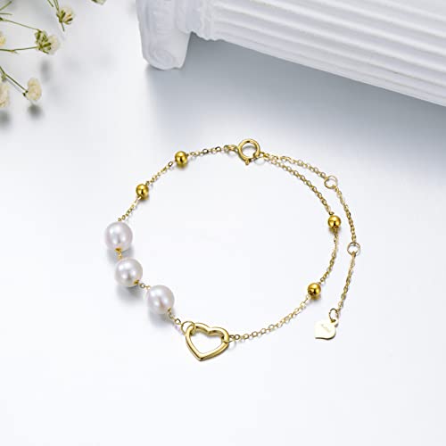 Solid 14kt Gold Heart Bracekets, Simple Gold Handpicked Culturead Pearl Heart Bracelet Jewelry for Women, Mom Wife Girlfriend, 6"-8"3