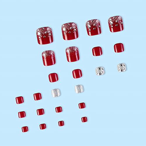 24Pcs Short Press On Toenails Wine Red Fake Toe Nails With Rhinestone Designs Noble Designer Toenail Press On Nails For Women Glossy Full Cover Acrylic False Toenails For Summer #TOP1