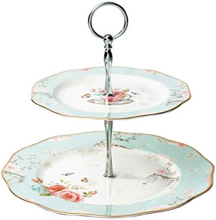LinlinsElegant Bone China Rose Pattern 2-tier Cake Stand/ Cupcake Stand/ Pastry Serving Cake Stand In Gift Box (Rose B)