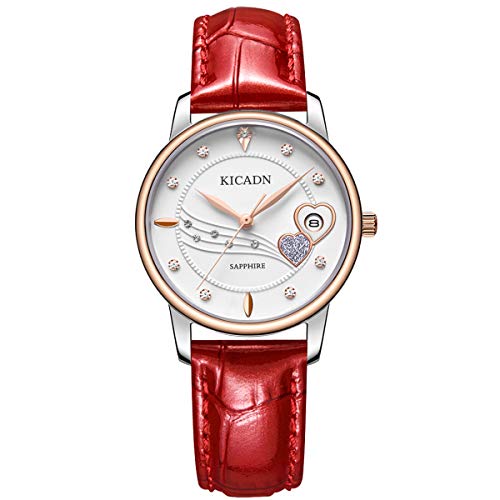 Femmes de Mode Diamant Montres KICADN Blanc étanche à Quartz analogique véritable Bande de Cuir en Date Calendrier Or Rose (Rouge)