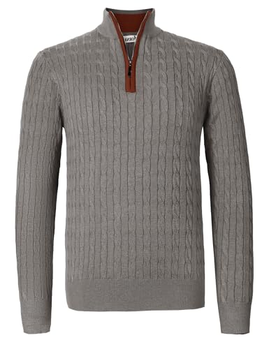 Atforna Jersey de cuello alto para hombre, con media cremallera, patrón trenzado, jersey de punto acanalado, cuello alto, jersey de invierno, gris, XL