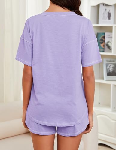 Image of KCW Pajamas for Women Set 2 Piece 100% Cotton Lounge Sets Short Sleeve Top and Shorts Pj Set Sleepwear Outfits