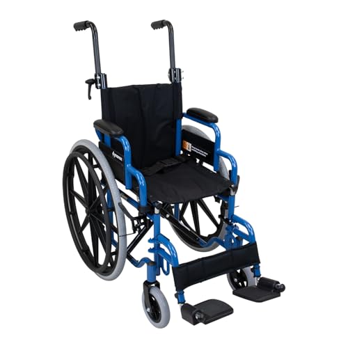 Dynarex DynaRide Pediatric Wheelchair with Footrest - 14 Wide Seat - Adjustable Push Handles Flip Back Arms Push to Lock Wheels Foldable 150 lbs Capacity - 1 Count