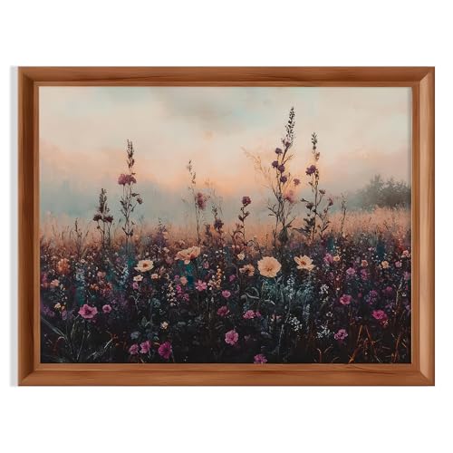 Vintage Wildflowers Wall Art Retro Floral Farmhouse Wall Art Moody Wildflower Print Sunset Meadow with Lavender Textured Oil Painting & Sage for Living Room Bedroom Dorm Home Decor 12x16 Inch UnFramed