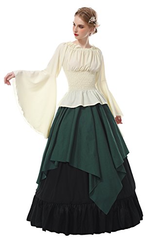 ROLECOS Renaissance Costume Women Medieval Peasant Dress Trumpet Sleeve Victorian Ren Faire Shirt and Skirt Green XL