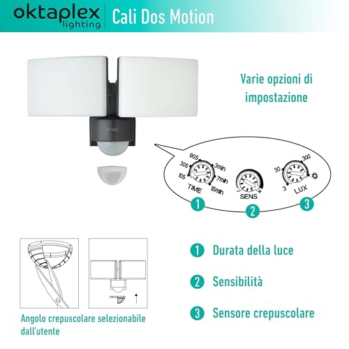 Oktaplex Faretto con sensore di movimento LED 40 W 230 V luce calda 3000K lampada da parete Cali Dos IP65 orientabili applique da parete da esterno antracite 3200 lumen - Illuminazione - Immagine 3