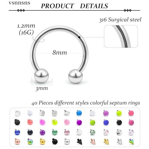 Vsnnsns 14G 16G 18G Septum Rings Piercing Jewelry 316L Stainless Surgical Steel Horseshoe Septum Nose Rings Snake Bite Lip Ring Daith Rook Earrings Smiley Piercing Jewelry for Women Men 8MM 10MM 12MM2