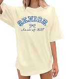 Class of 2027 Shirt Women Oversized Senior Mom Shirts Graduation 2027 Teacher Tee Embroidery Coquette Bow Tops Apricot
