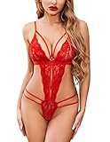 Avidlove Women One Piece Lingerie Deep V Lace Bodysuit Babydoll Teddy Underwear Red Small