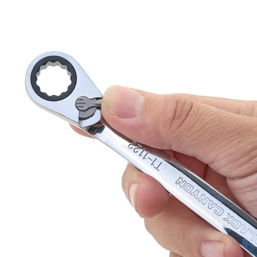 Image of BLACK CANYON 12 mm Ratchet Combination Wrench, 12-Point Box End & Hex Opening, Polished Steel Ratcheting Wrench with SAE & Metric Sizes