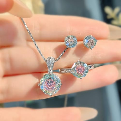 Sumpgle Art Déco Imitation Paraiba Pierres Précieuses Ensemble Pendentif Octogonal Coupe Colorée Boucles d'oreilles Bague Pierre Rose avec Accents Cadeau, Set of 3 – vue 5