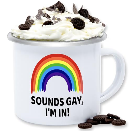 Emaille Tasse Blechtasse - Flagge - Sounds Gay Im In Pride Outfit CSD Accessoire LGBTQ Outfit Christopher Street Day Accessoires I - 300 ml - Weiß Silber - lgbt lesbian lqbtq regenbogen kleidung