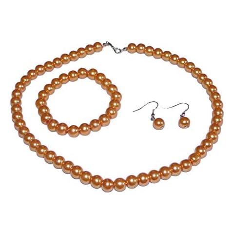 V G S Eternity Fashions Fashion Jewelry ~ Gold-ish Brown Color Faux Pearl Necklace Bracelet Earrings Set for Women Casual or Formal Cover