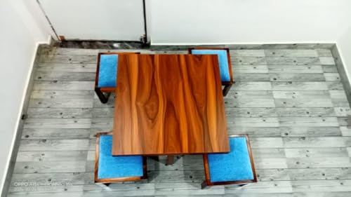 Image of Soild Sheesham Wood Coffee Table with 4 Stool || Coffee Table For Living Room || Wooden Center Coffee Table || Tea Table, Home Office Outdoor Garden Furniture ( Coffee Table 4 seater ) Honey Finish