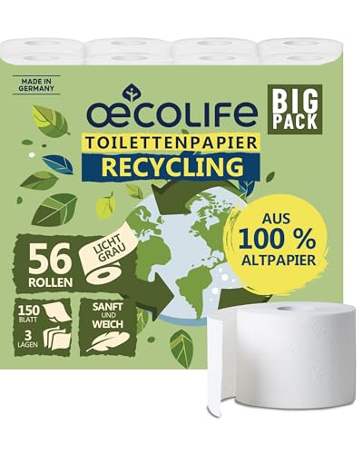 œcolife Toilettenpapier RECYCLING, 56 Rollen à 150 Blatt, 3-lagig, superweich, Dermatest geprüft, Recycling Klopapier