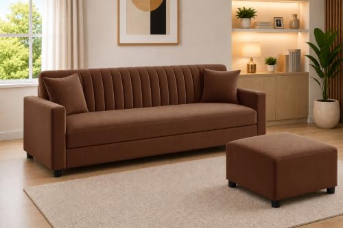 Image of 3 Seater Sofa with Ottoman | Modern Upholstered Couch | Vertical Channel Tufted Backrest | Comfortable Cushioned Seating | Contemporary Sofa Set for Living Room & Office - Brown Color
