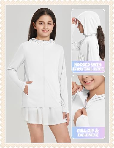 baleaf Girl's UPF 50+ Rash Guard Sun Jacket Hoodie SPF UV Protection Full Zip Swim Shirts Long Sleeve for Kids3