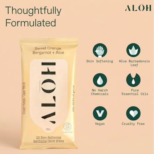 Image of ALŌH Sweet Orange Bergamot + Aloe Hand Sanitizer Wipes, Travel Size | Clean Hands, Clear Mind, On The Go for Kids and Adults | Alcohol Free, Moisturizing, Scented | 3 Pack 20ct Wipes (60 wipes)