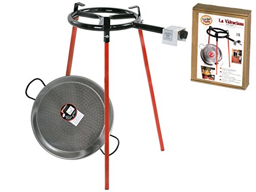 Eco Set Paella-Pfanne, Durchmesser 38 cm, 3 rechteckige Standbeine, Pfanne aus polierten Stahl, 300 mm-Gasbrenner