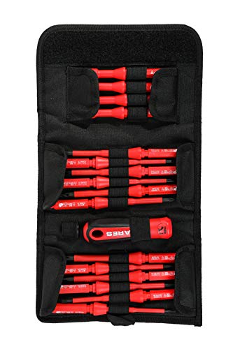 ARES 19002-18-Piece Interchangeable Insulated Electrical Screwdriver Set - Ergonomic Handle with 12 Screwdriver Sizes and 4 Cabinet Keys - Storage Pouch Included