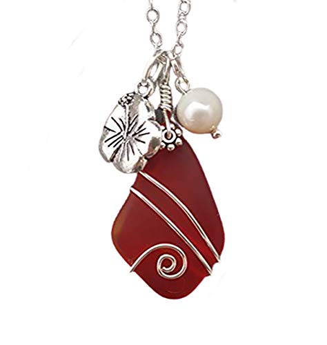Handmade in Hawaii, wire wrapped Ruby red sea glass necklace,"July Birthstone", Hibiscus flower charm, Freshwater pearl, (Hawaii Gift Wrapped, Customizable Gift Message)