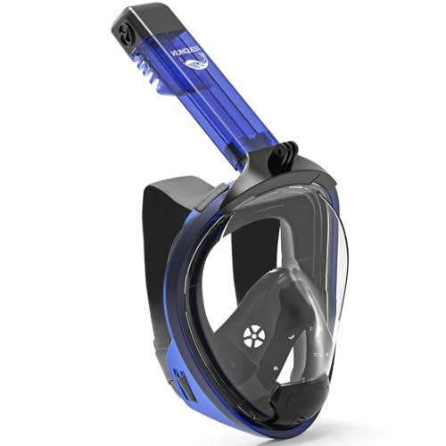 KUNQUEST Full Face Snorkel Mask for Adults & Youth, 180° Panoramic Lens, Dual-Float Dry-Top, Anti-Fog & Anti-Leak, Detachable Camera Mount (Transparent Blue, L/XL)