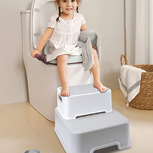 Two Step Stool For Kids, Double Up Toddler Step Stool For Potty Training, Anti-Slip Sturdy Child Step Stool For Toilet, Bathroom, Sink, Kitchen, Grey #TOP3