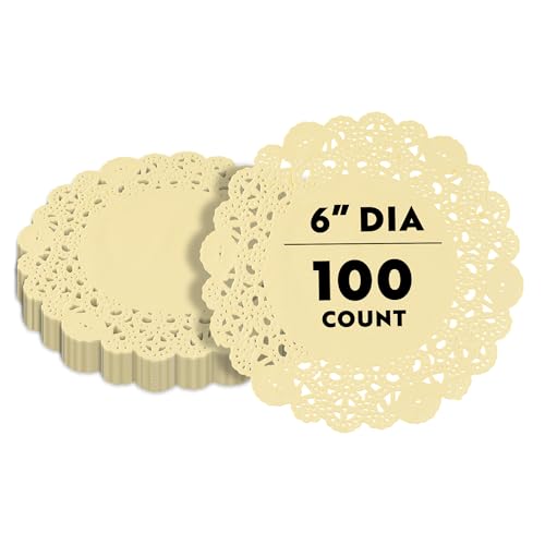 Pastry Tek 6 x 6 Inch Paper Lace Doilies, 100 Disposable Table Doilies - Elegant Lace Finish, Long Lasting, Yellow Paper Doily, for Pastries, Cupcakes, Desserts - Restaurantware