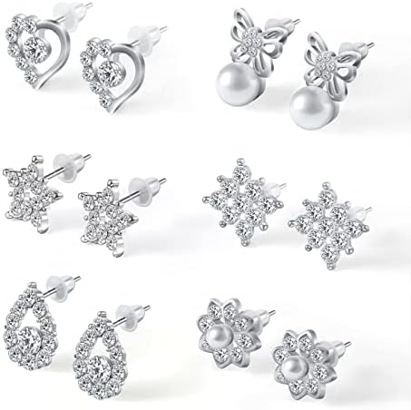 925 Sterling Silver, 6 Pairs 9-12 mm Hypoallergenic Cubic Zirconia Stud, Simulated Diamond Pearl Earrings Set, Elegant & Fashion Jewelry Gift for Wedding Women Girls Mom