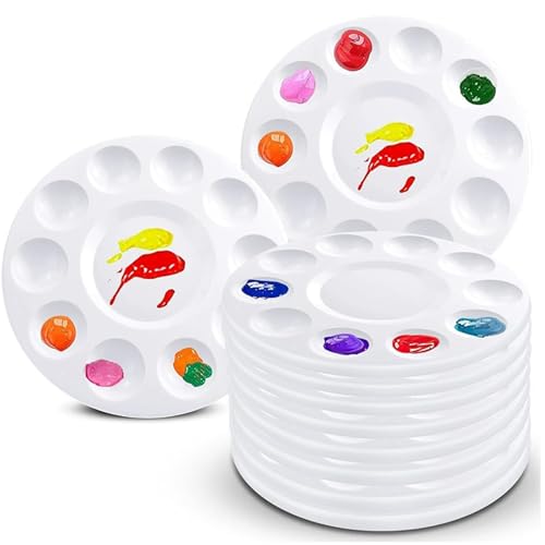 10 Pcs 6.7 Inch Round Plastic Paint Palette with 10 Wells & Central Reservoir Paint Tray Pallet for Acrylic Watercolor Oil Painting DIY Crafts and Art Painting Projects