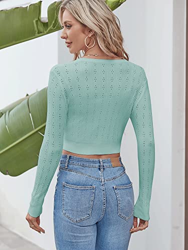 Zaful Button Down Long Sleeve Cardigan For Women Lightweight V Neck Cropped Shrug Sweaters Mint Green L #TOP4