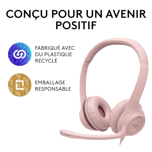 Logitech H390 Casque Filaire pour PC/Ordinateur Portable, Casque Stéréo avec Microphone Antibruit, USB-A, Commandes En Ligne, Compatible avec Chromebook - Rose