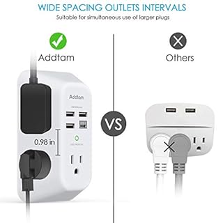 Addtam USB Wall Charger Surge Protector 5 Outlet Extender with 4 USB Charging Ports (1 USB C Outlet) 3 Sided 1800J Power Strip Multi Plug Outlets Wall Adapter Spaced for Home Travel Office ETL Listed