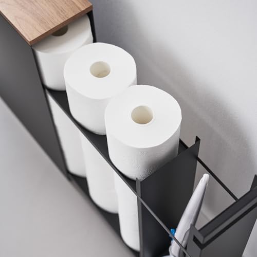 Yamazaki Tower Auszieh-Regal mit Holzablage aus Stahl - schmal, Organizer für Bad, WC, Küche, modern - 56 x 14 x 55 cm, Japanisches Design, schwarz