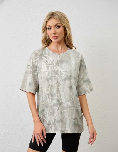 Image of MSBESYOR Camo Shirt for Women Maple Leaf Print Short Sleeve Crewneck T-Shirts Summer Oversized Tee Shirts Streetwear