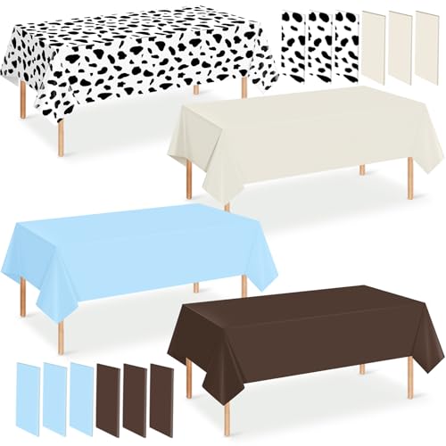 12 Pack Cowboy Baby Shower Plastic Tablecloth for Rectangle Tables Cow Print Western Disposable Table Cover Blue Rustic Table Cloth for Western Farm Cowboy My First Rodeo Baby Shower Party Decor