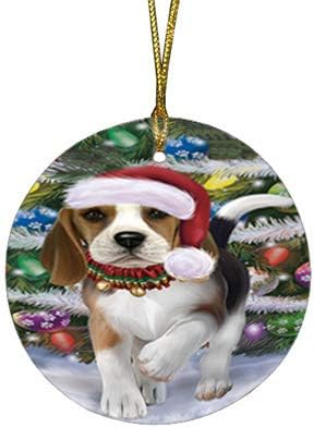 Santa Sled Dogs Beagle Christmas Round Flat Ornament - Pet Decorative Hanging Ornaments for Christmas X-mas Tree Decorations - 2.75" Round Flat Ceramic Christmas Ornament POR1540