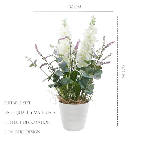 Image of KARP Artificial Potted Plants, 62Cm Height Faux Delphinium Flower Plant with White Pot Home Decor, Indoor Artificial Ornamental Plants for Living Room, Office Desk & Bathroom, Decorative