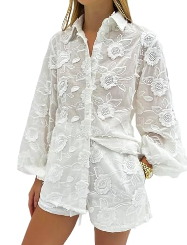NIFTRIRY Women Two Piece Sets Dressy Long Sleeve Floral Embroidery Casaul Lace Blouse and Shorts with Tied Summer Outifts
