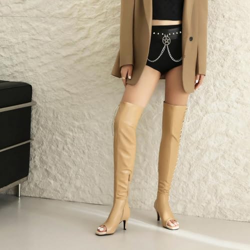 SWDZM Women Peep Toe Lace Up Knee High Boots Thigh High Stiletto Heels Side Zipper Overknee Boots2