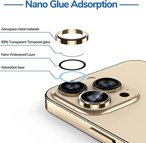 Image of for iPhone 14 Pr /14 Pro Max Camera Lens Protector Tempered Glass Screen Protector, Anti-Scratch Premium Tempered Glass Film Aluminum Alloy 3D Lens Ring-(3 Pack, Gold)