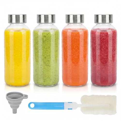 Image of Zukro Glass Water Bottles with Lids 12 oz, Reusable Clear Juice Bottles With Stainless Steel Airtight Cap for Juicing, 100% Leak Proof Juice Drinking Jar for Smoothie, Milk, BPA Free, Set of 4