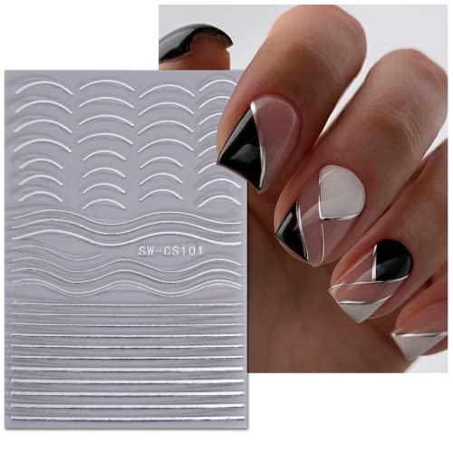 Line Nail Art Stickers Golden Silver Metal Line Nail Decal 3D Self-Adhesive Flame Star Moon Leaf Feather Nail Supplies French Nail Design For Women Girls Diy Decoration 8 Sheets #TOP3