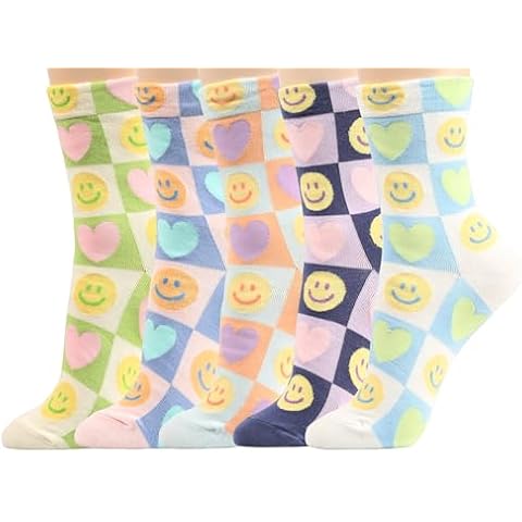 CUSTOMONACO Womens Funny Novelty Fashion Casual Cotton Crew Socks (Smile Block 5Pairs) Cover