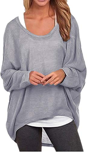 KISSMODA Dames ronde hals trui lange baggy truien voor vrouwen - grijs - XL