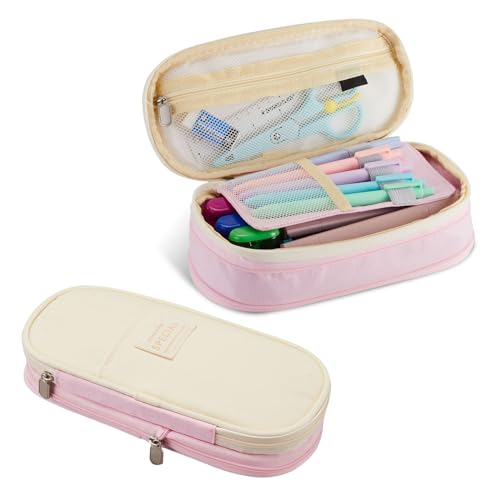 Image of Sonuimy Large Capacity Pencil Case Pouch with Zipper, Portable Aesthetic Cute Big Capacity Pencil Cases Pen Office Travel Stationery Makeup Bag, Desk Organizer for College Adults Women Men-Pink