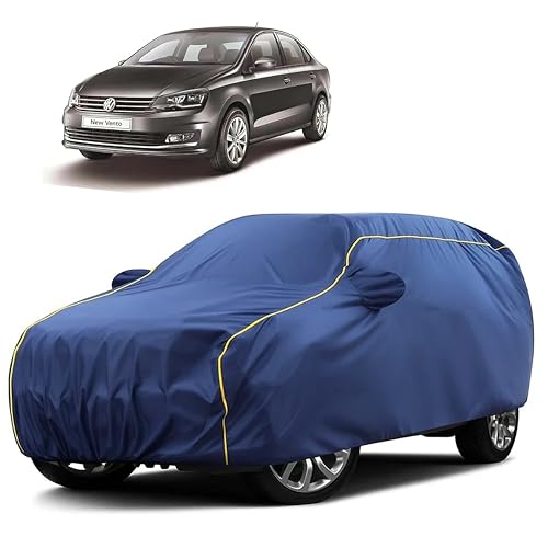 Image of Sulfar 100% Water Resistant Car Body Cover Compatible with Mirror for Volkswagen Vento (Triple Stitched, Full Bottom Elastic, Blue Taffeta with Yellow Piping)