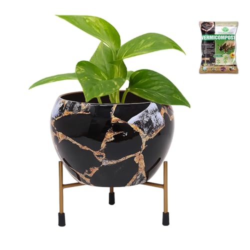 Image of Natural Earth Metal Flower Vase Planter Pot with Iron Stand | Decorative Plant Cachepot for Indoor & Outdoor Use | Succulent Pot for Home & Garden Decor (Marble Black)