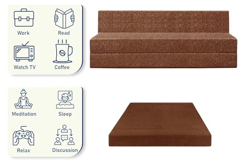 Image of Foldable 2 Seater Sofa Cum Bed, Sofa Bed 4 X 6 Feet, Jute Fabric- Washable Cover- Including Two Cushion Perfect for Home & Office - Brown Color