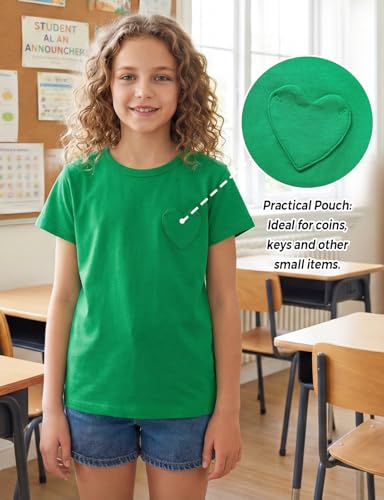 Image of Noomelfish Girls Short Sleeve Heart Pocket T-Shirts Casual Cotton Tee Tops Blouse (5-12 Years)